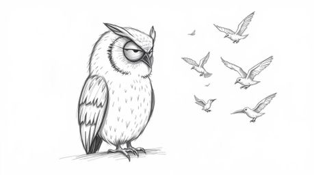 This hand-drawn sketch in a textured pencil style depicts a blind owl, rendered in a Pixar-esque style, intently listening to