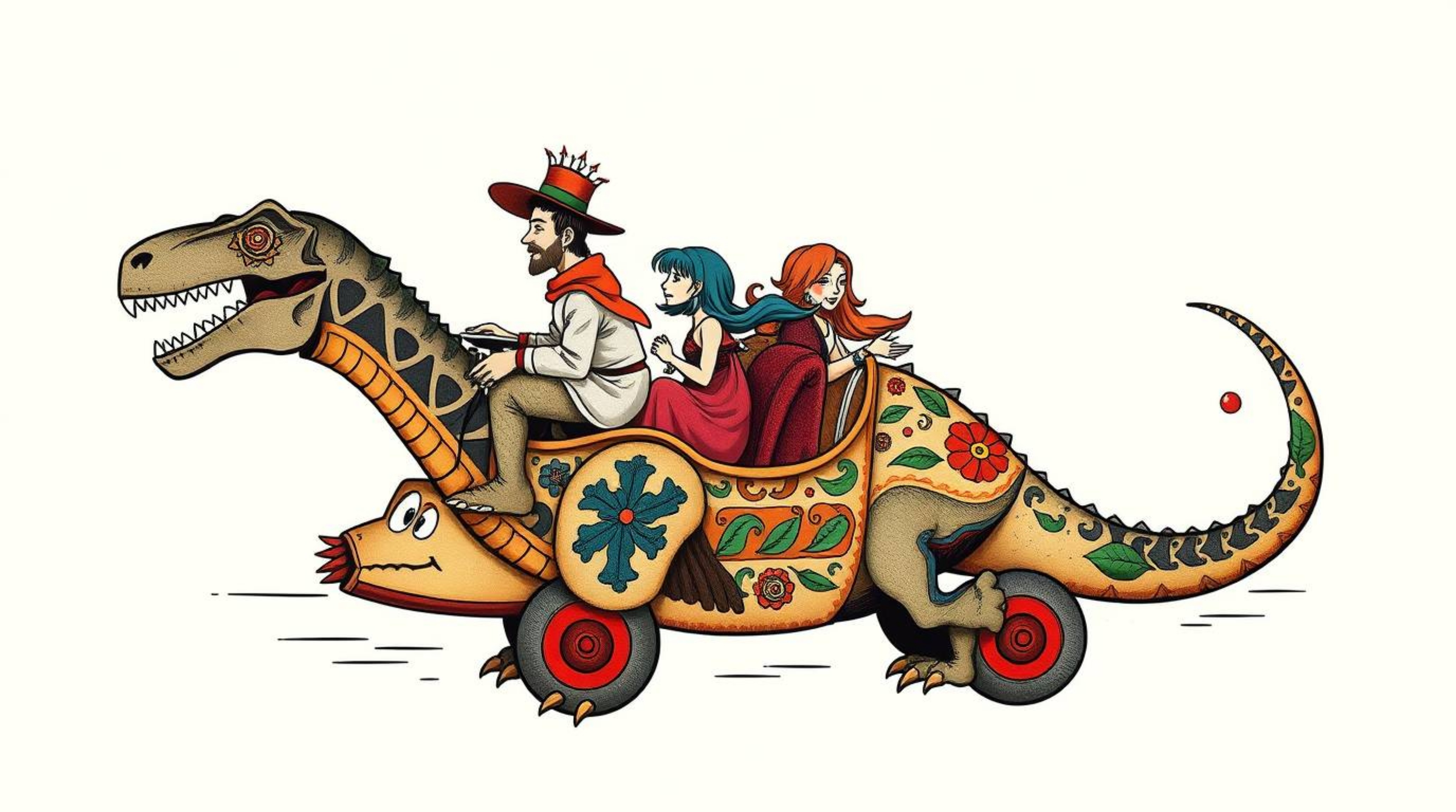 A vibrant and symbolic traditional tattoo art print featuring a prehistoric family joyfully riding a dinosaur car. Divided in