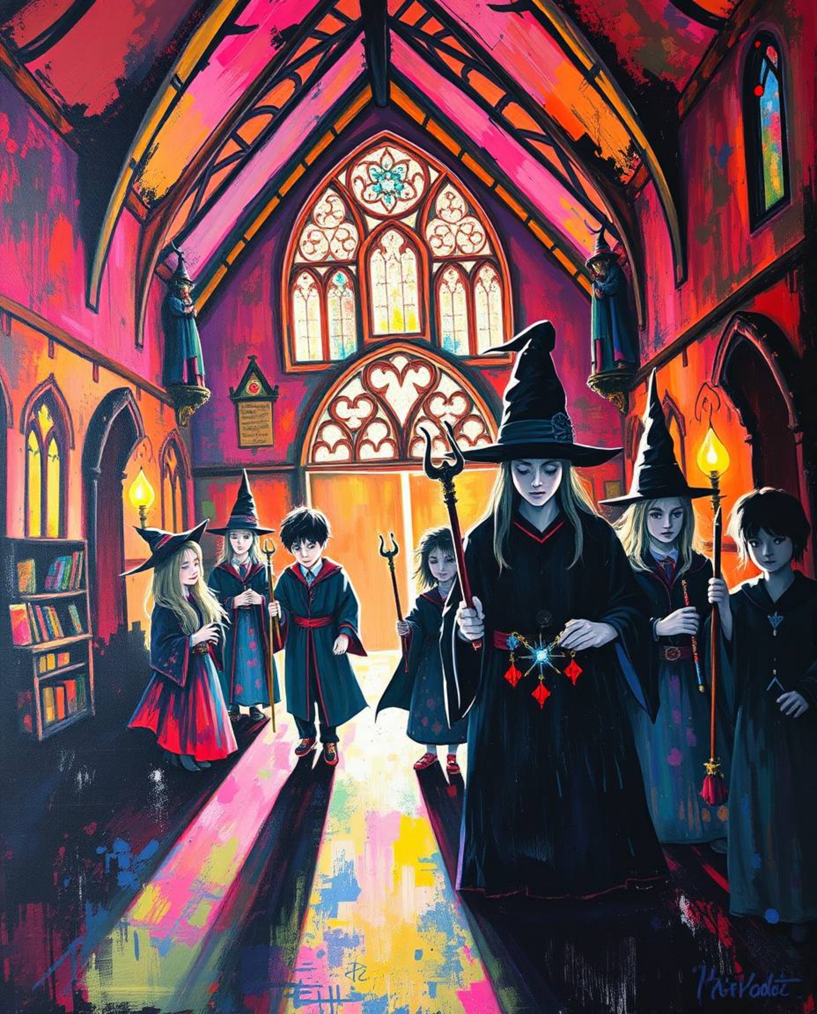 Step into a vibrant world of magic with this bold acrylic painting depicting a magical school filled with young wizards.  The