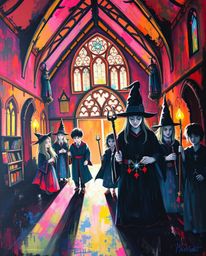 Step into a vibrant world of magic with this bold acrylic painting depicting a magical school filled with young wizards.  The