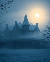 Capture the eerie beauty of a fog-laden Victorian mansion bathed in moonlight. This scene features a distinctly split composi