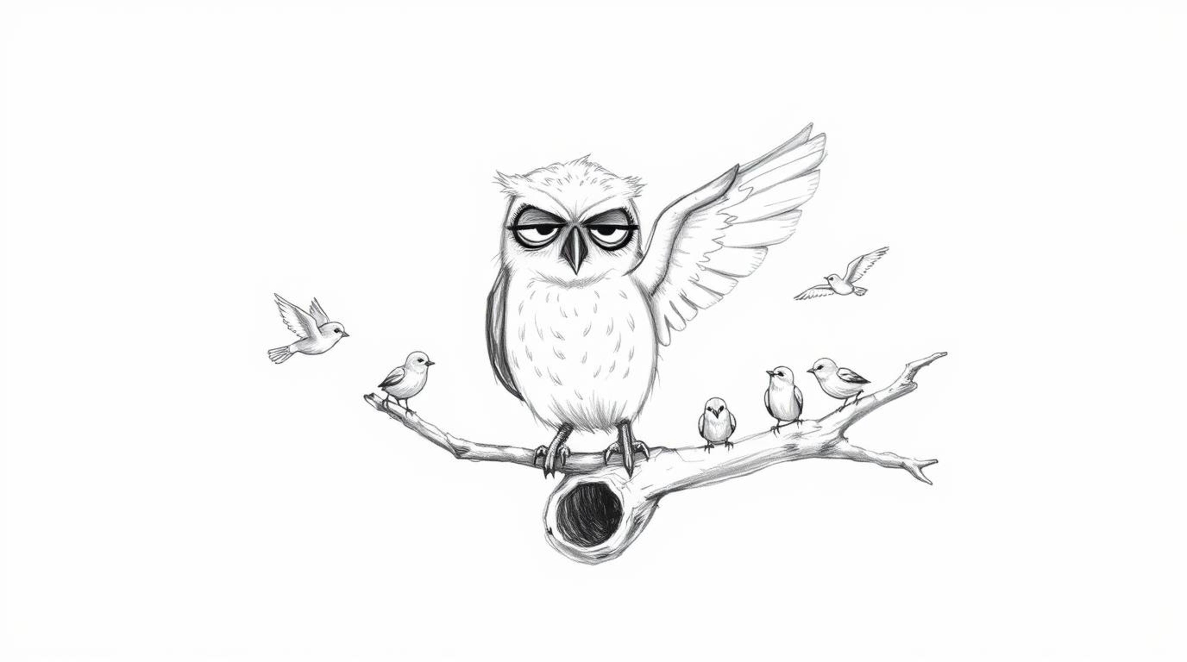 A hand-drawn sketch in the style of Pixar depicts a blind owl with soft, feathery textures patiently teaching small birds how