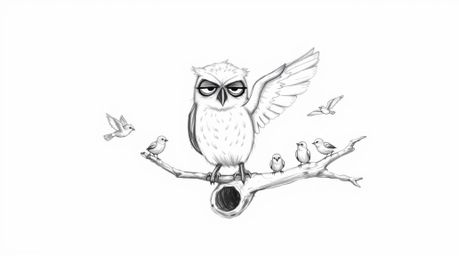 A hand-drawn sketch in the style of Pixar depicts a blind owl with soft, feathery textures patiently teaching small birds how