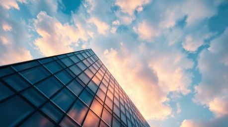 A stunning macro close-up captures a modern glass building seemingly dissolving into the soft, cloud-filled sky. This image e