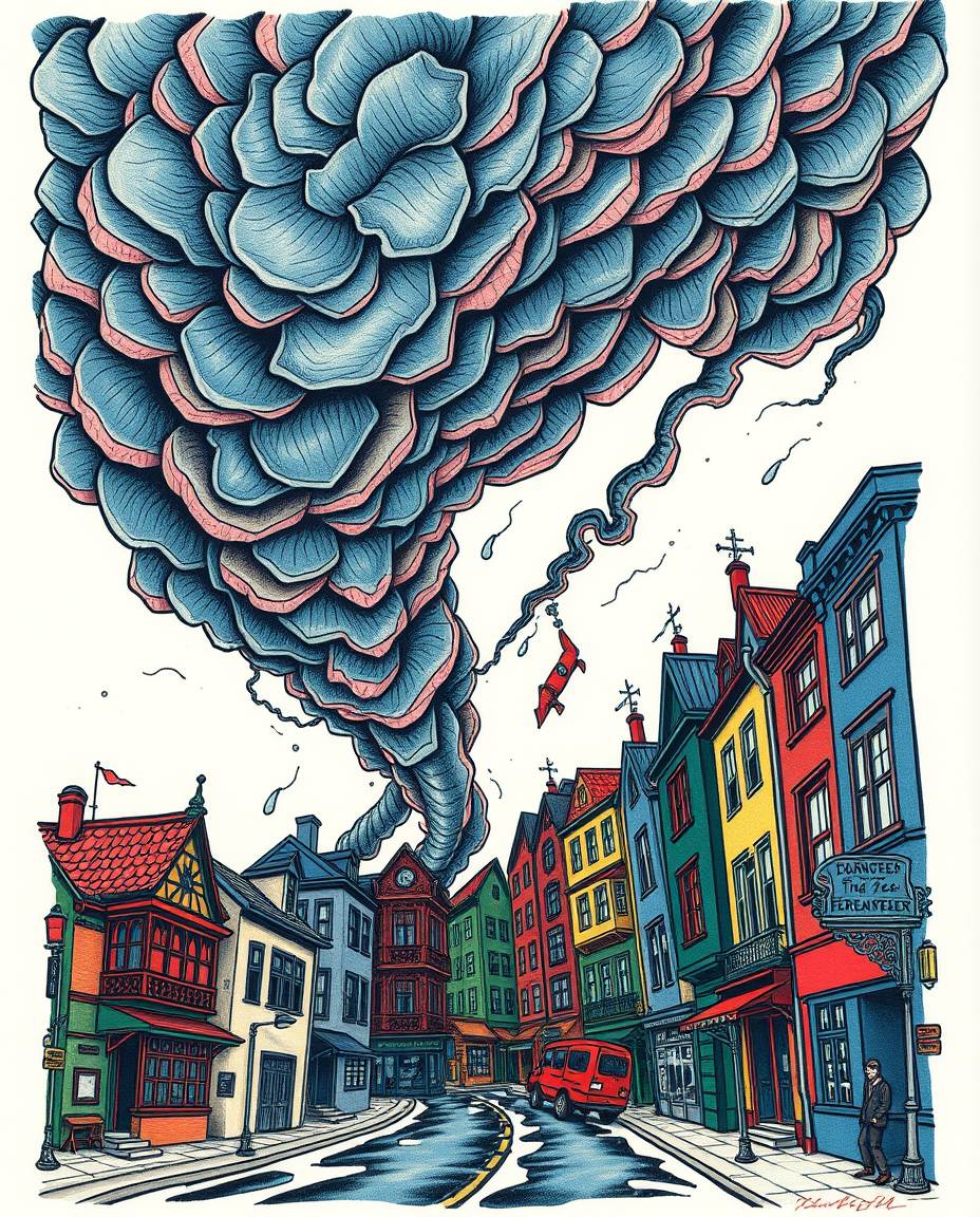 Experience an intense and dramatic weather scene captured in a symbolic traditional tattoo art print. This surreal street sce