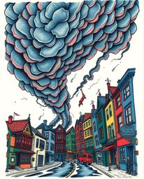 Experience an intense and dramatic weather scene captured in a symbolic traditional tattoo art print. This surreal street sce