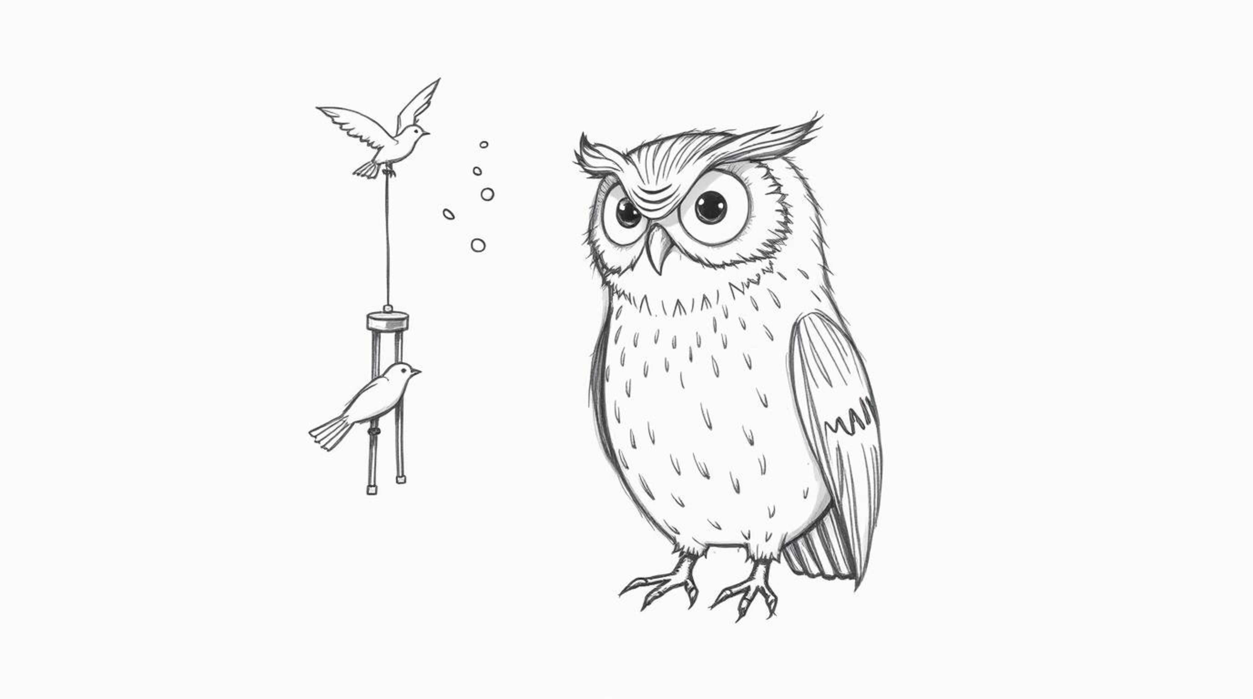 A whimsical, hand-drawn sketch in the style of Pixar depicts a wise, blind owl teaching birds how to fly.  Using wind chimes 