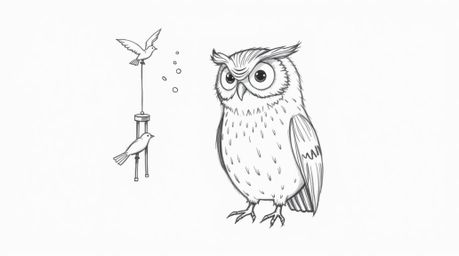 A whimsical, hand-drawn sketch in the style of Pixar depicts a wise, blind owl teaching birds how to fly.  Using wind chimes 