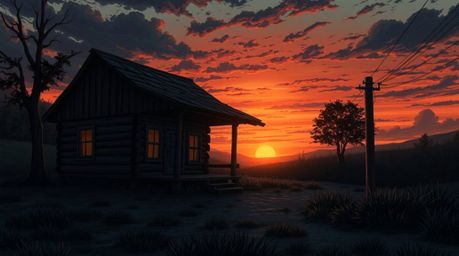Experience the serene yet melancholic beauty of an Isekai-style anime depicting an old wooden cabin bathed in the warm hues o