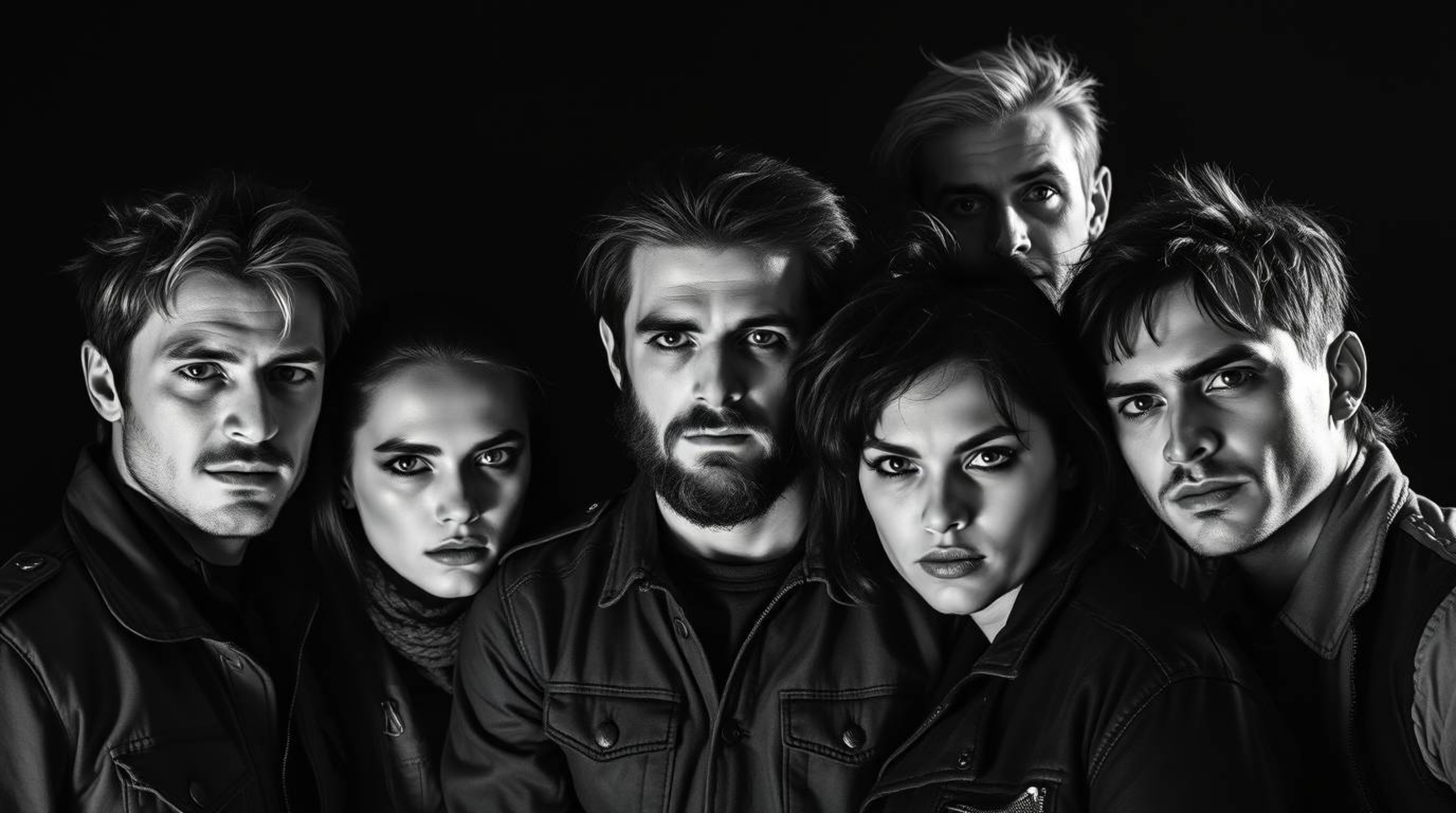 A captivating black and white image showcasing a group of misfit heroes huddled together.  The dramatic, harsh lighting creat