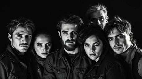 A captivating black and white image showcasing a group of misfit heroes huddled together.  The dramatic, harsh lighting creat