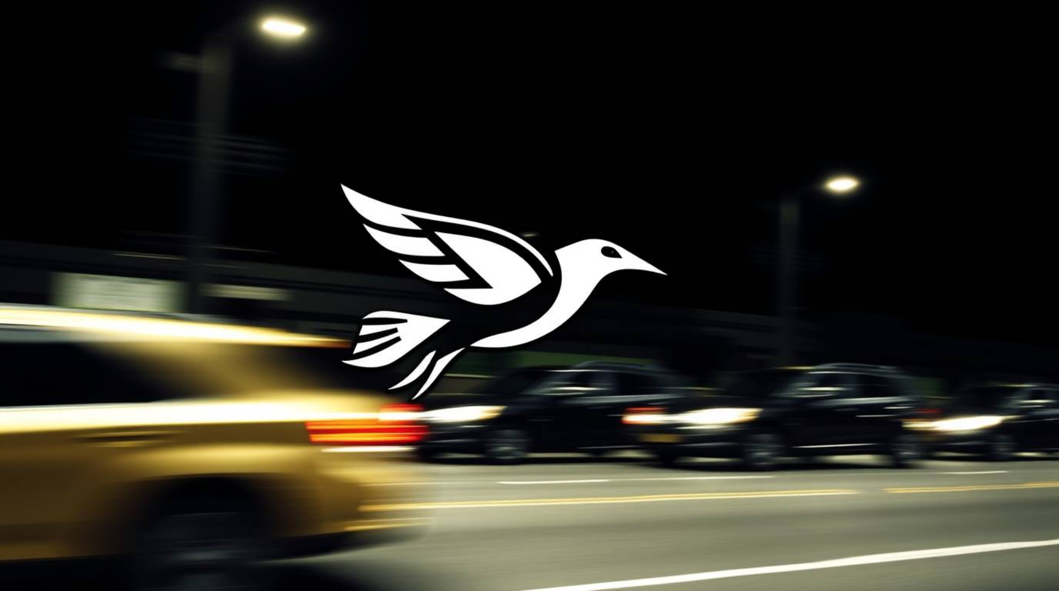 This modern geometric logo design features a fast-running bird speeding past traffic, rendered with clean lines, symmetry, an