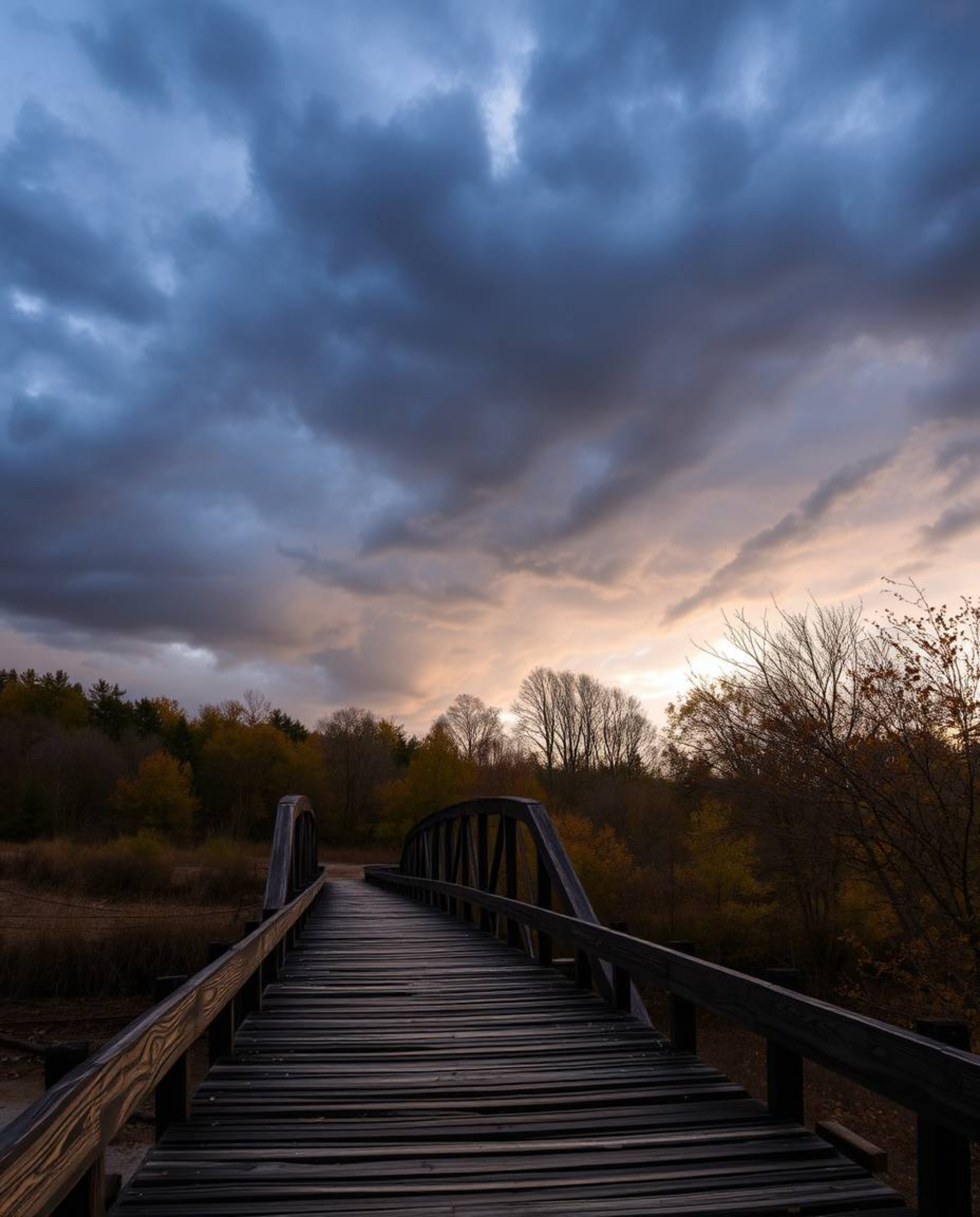 This photograph captures an old wooden bridge over a river at sunset during a period of intense autumn weather. The scene is 