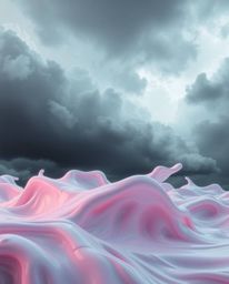 Experience an intense and dramatic weather scene featuring abstract 3D liquid forms subtly visible through stormy skies. The 
