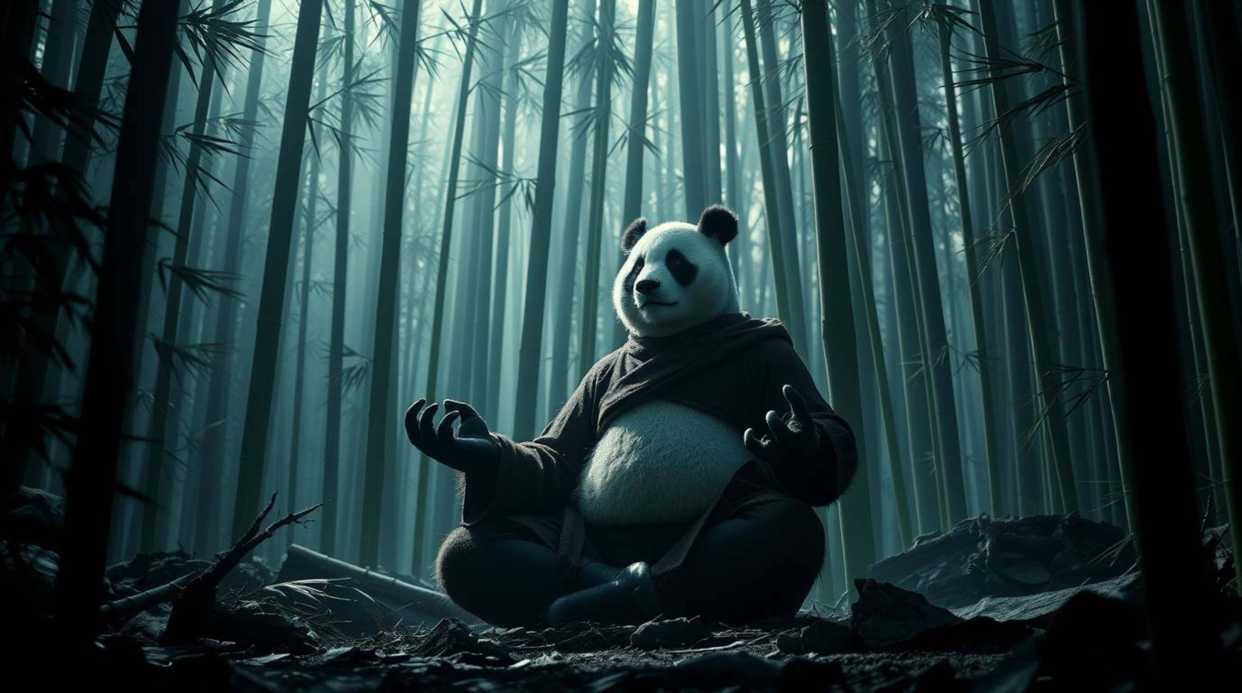 Immerse yourself in a modern, futuristic epic scene featuring a meditating panda martial artist in a serene bamboo forest. Th