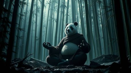 Immerse yourself in a modern, futuristic epic scene featuring a meditating panda martial artist in a serene bamboo forest. Th