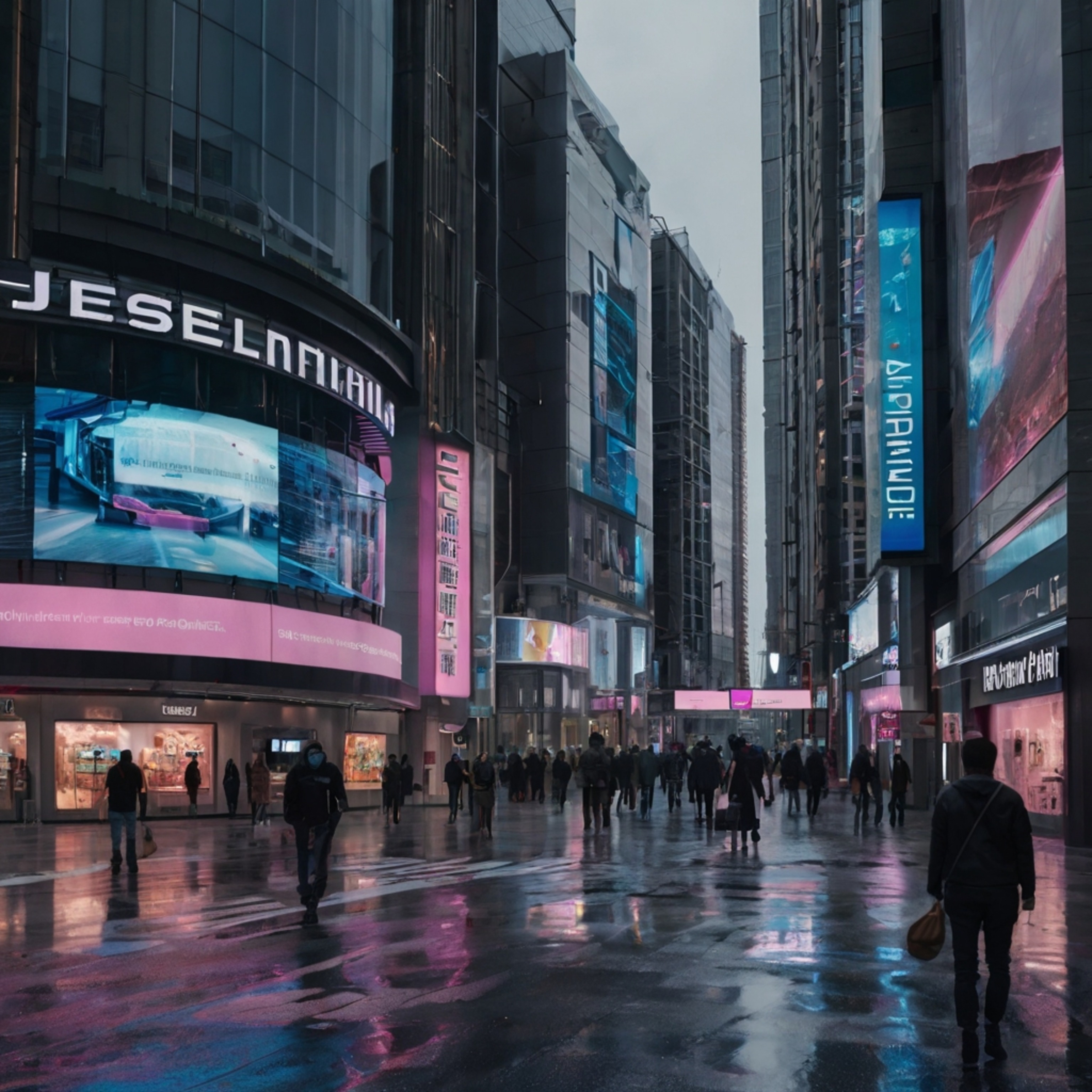 Imagine a retail landscape transformed by technology: a futuristic shopping district buzzing with digital billboards, showcas