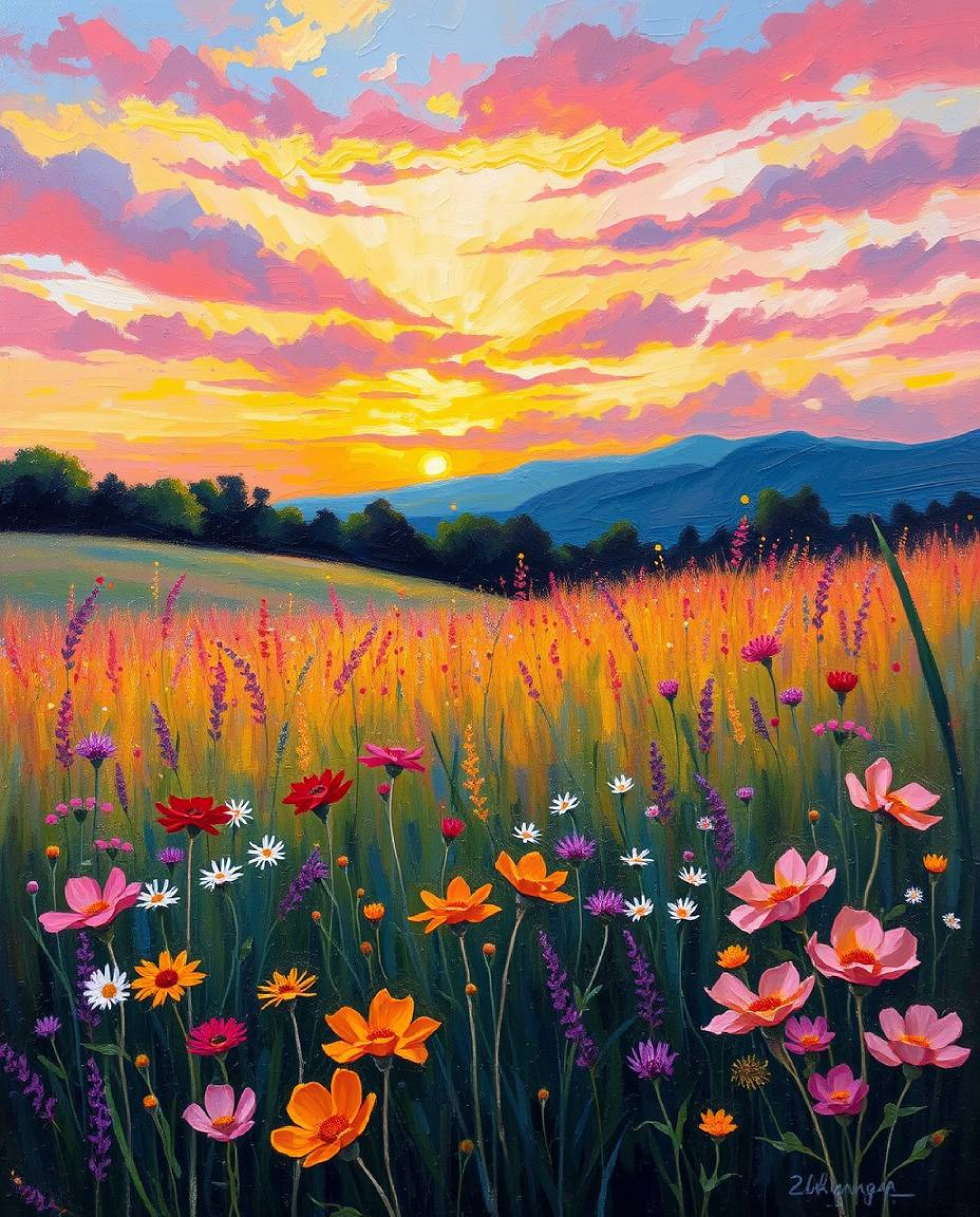 A classic oil painting captures a vibrant spring wildflower meadow sunset in a lively and energetic style. The artwork is cha