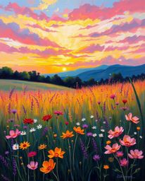 A classic oil painting captures a vibrant spring wildflower meadow sunset in a lively and energetic style. The artwork is cha