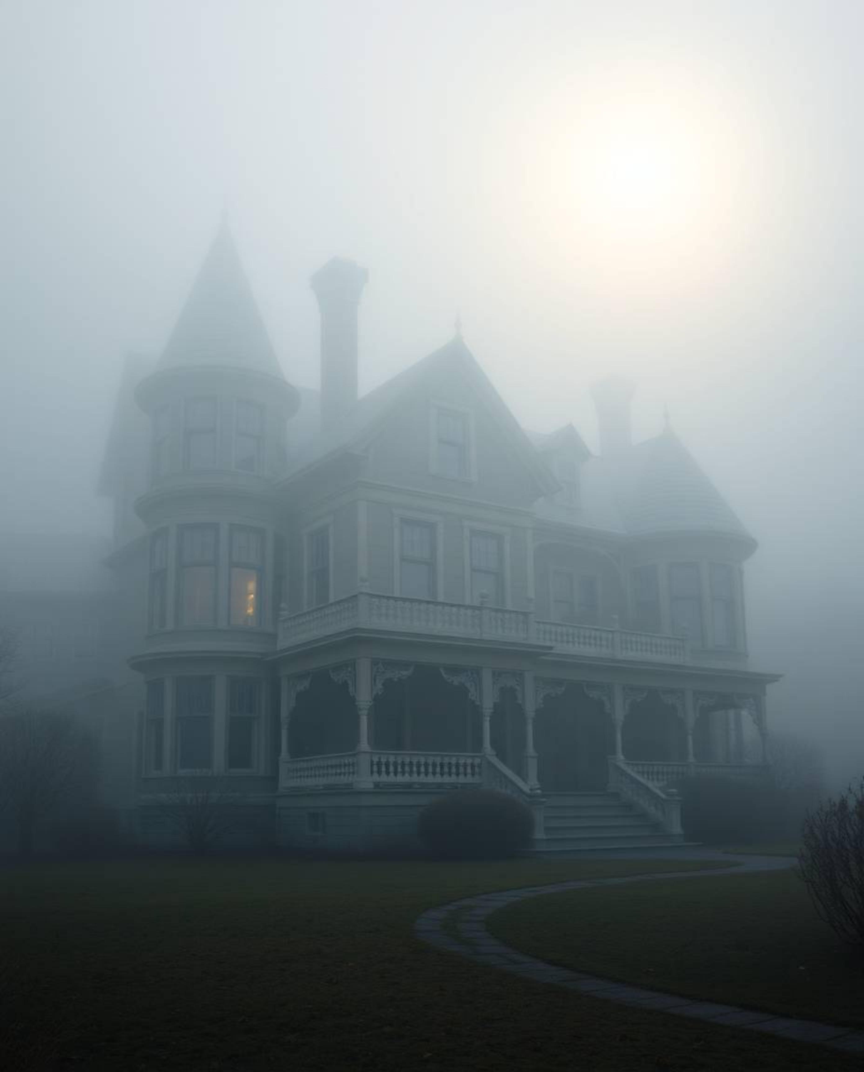 This artwork depicts a fog-covered Victorian mansion bathed in the gentle glow of moonlight. The scene is rendered in soft, d