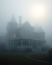 This artwork depicts a fog-covered Victorian mansion bathed in the gentle glow of moonlight. The scene is rendered in soft, d