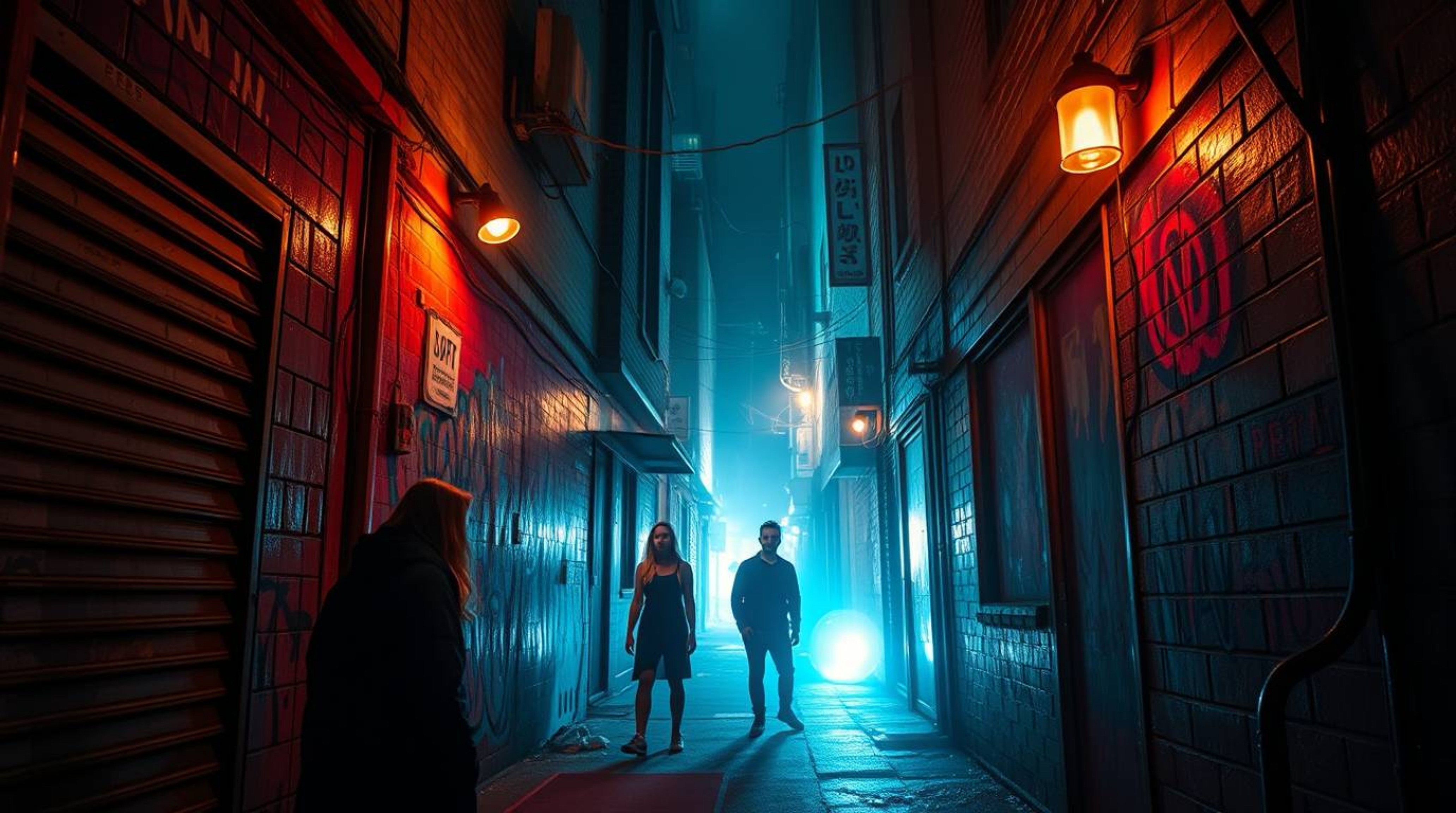 A captivating light art piece showcases a grungy city alleyway imbued with an ethereal, spiritual vibe.  Rebellious teens inh