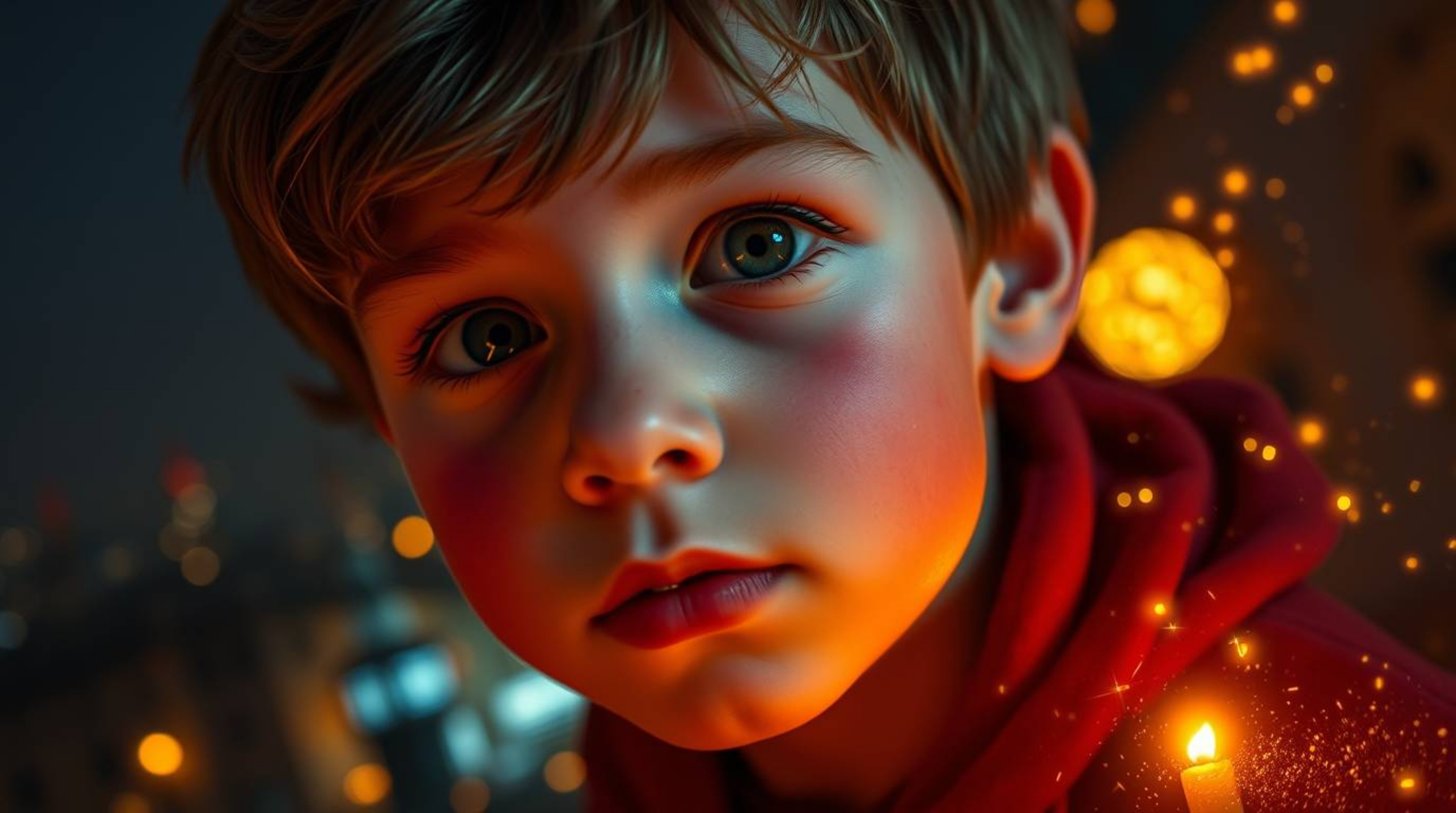 A captivating image showcasing a young boy with fair skin and rosy cheeks, seemingly powered by glowing pixie dust, soaring a