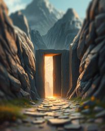 This digital painting depicts an ancient doorway embedded in a mountainside, radiating a mystical glow from its carved runes.