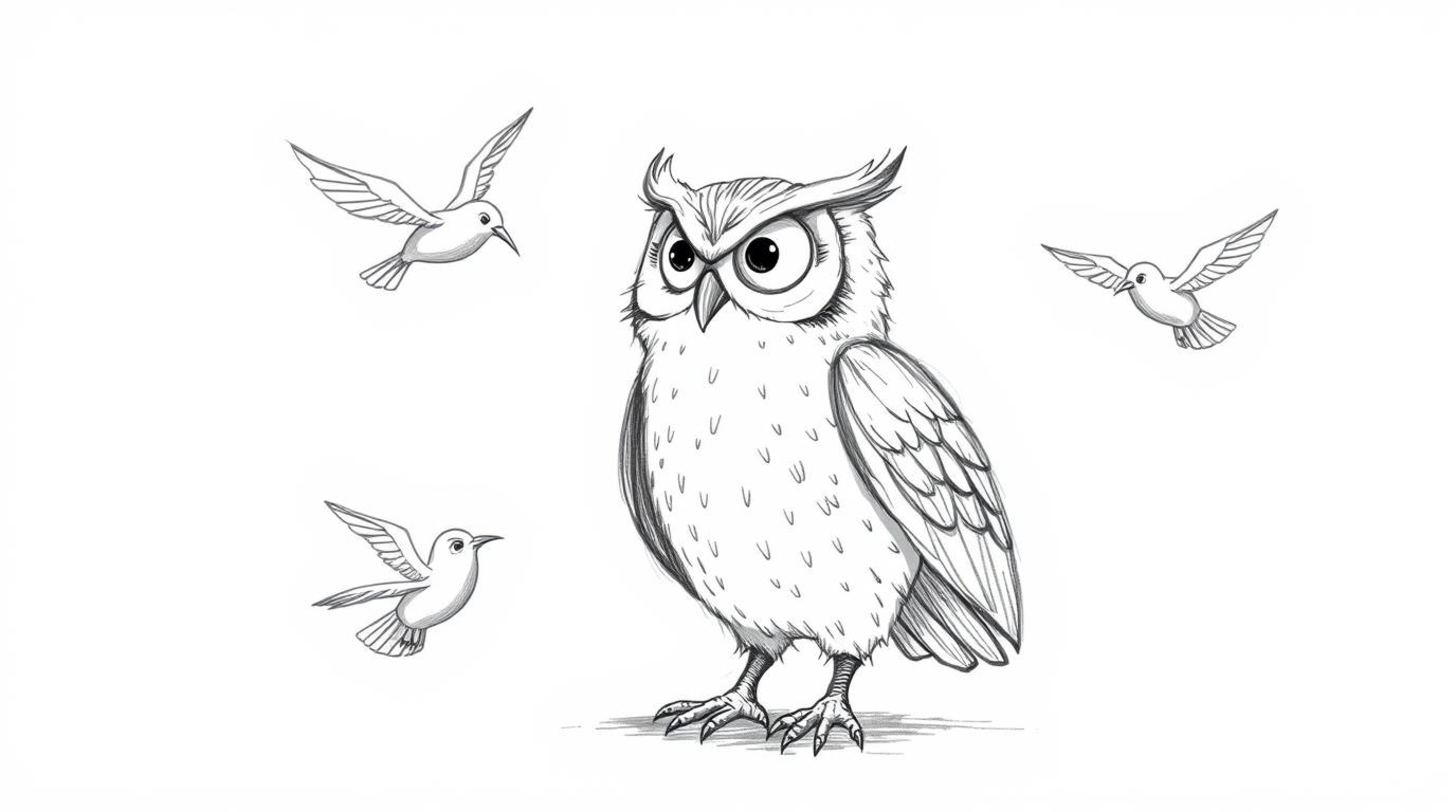 A heartwarming, hand-drawn sketch in the style of Pixar depicts a wise and gentle blind owl guiding young birds to fly. Unabl