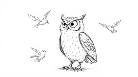 A heartwarming, hand-drawn sketch in the style of Pixar depicts a wise and gentle blind owl guiding young birds to fly. Unabl