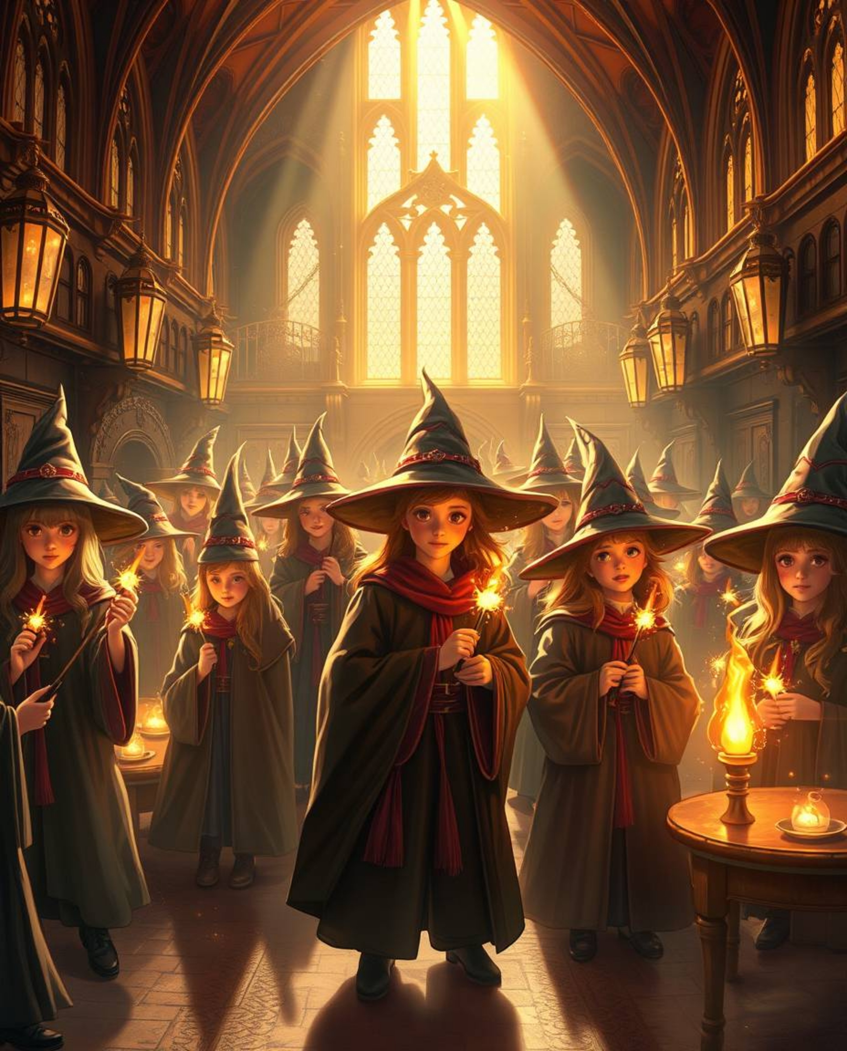 Immerse yourself in a magical school brimming with radiant young wizards, bathed in a warm, golden glow. Rendered in a dreaml