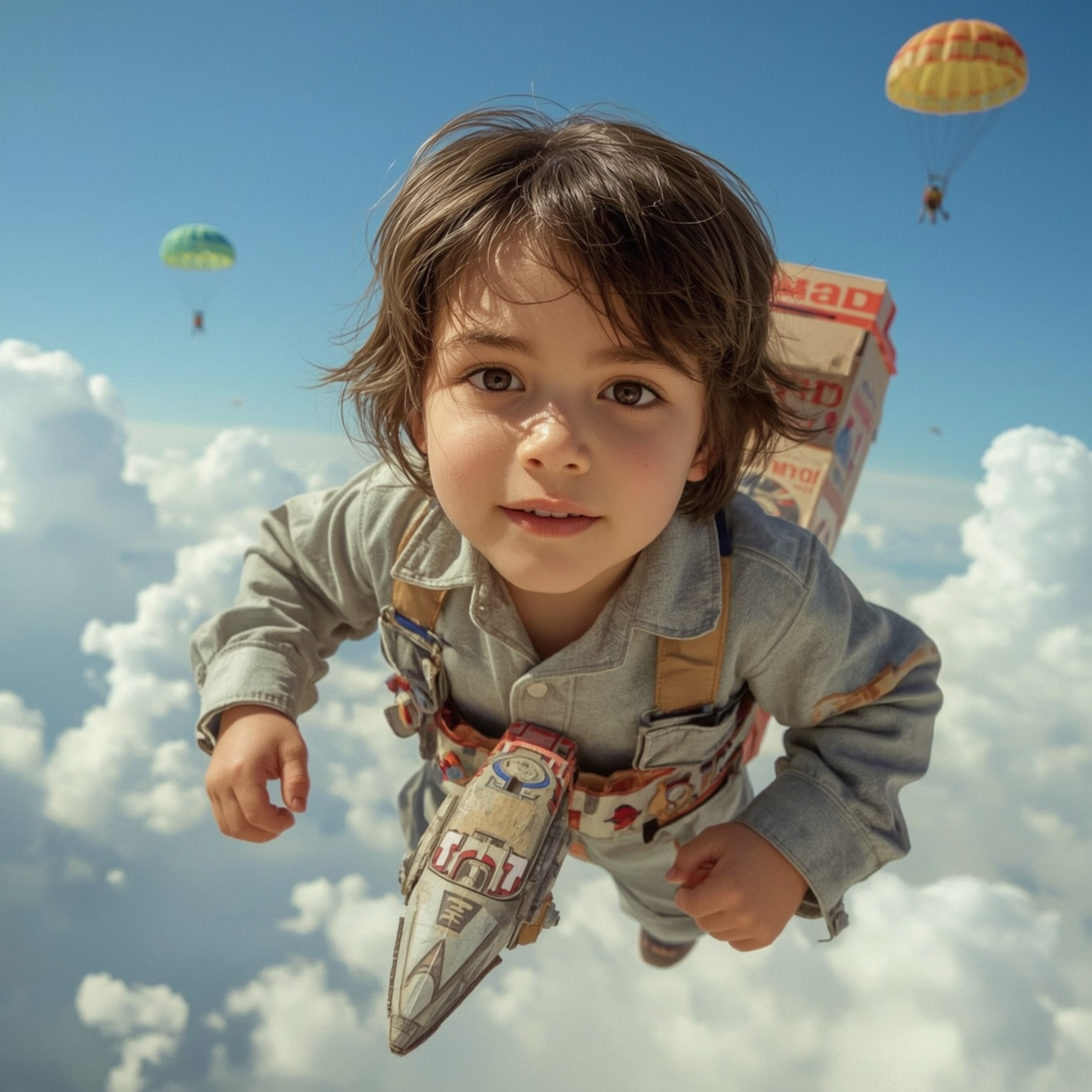 A captivating image showcasing high-fashion photography of a young boy with a curious expression, building an intricately des