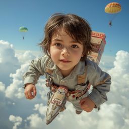 A captivating image showcasing high-fashion photography of a young boy with a curious expression, building an intricately des