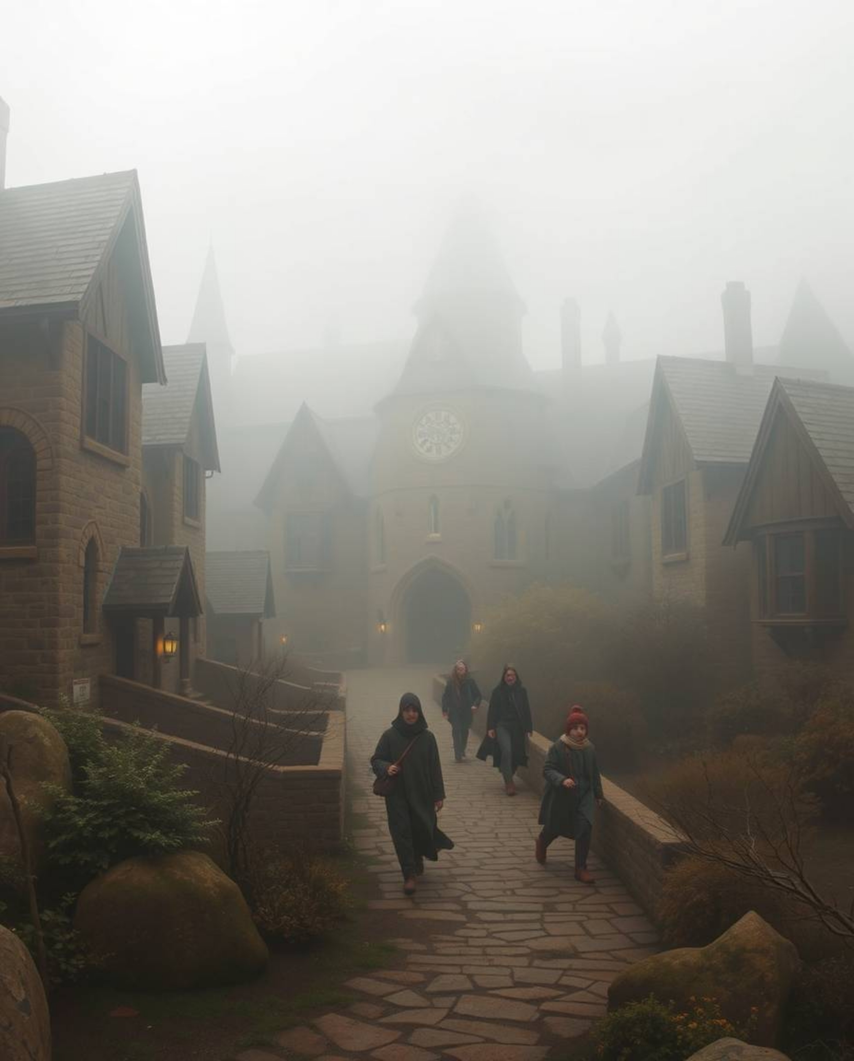 Discover a captivating magical school nestled in a thick fog, where young wizards learn their craft.  The natural earth tones