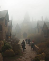 Discover a captivating magical school nestled in a thick fog, where young wizards learn their craft.  The natural earth tones