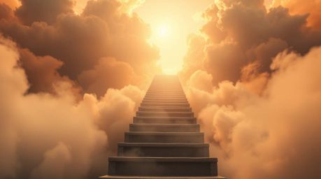 A captivating surreal image depicts a stairway ascending through ethereal smoky clouds towards a radiant celestial light.  Re