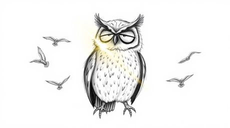 A charming hand-drawn sketch depicts a blind owl, rendered in a Pixar-inspired style, engaged in the heartwarming task of tea