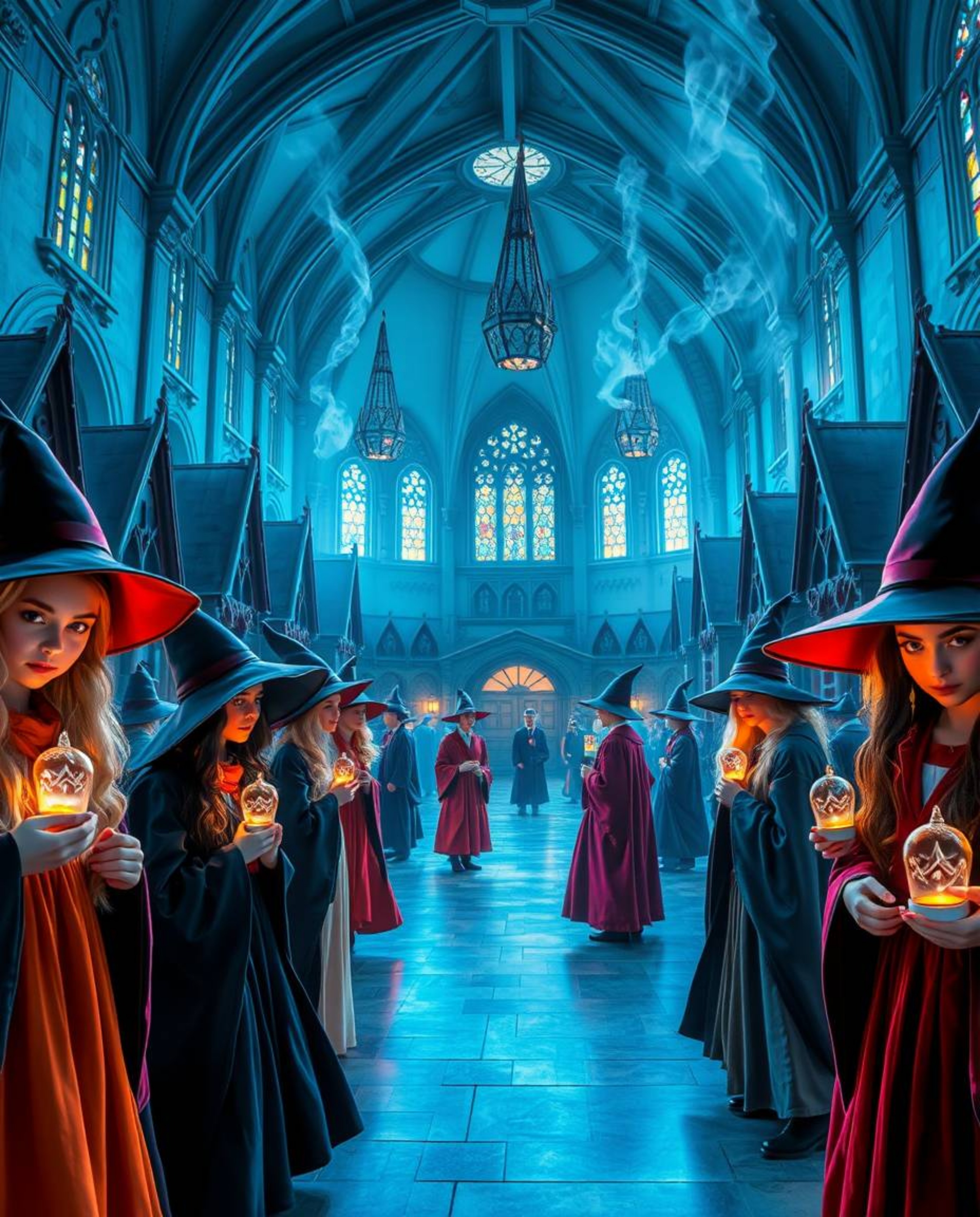 Discover a captivating magical school brimming with young wizards, vibrant electric colors, and elegant architecture.  Experi