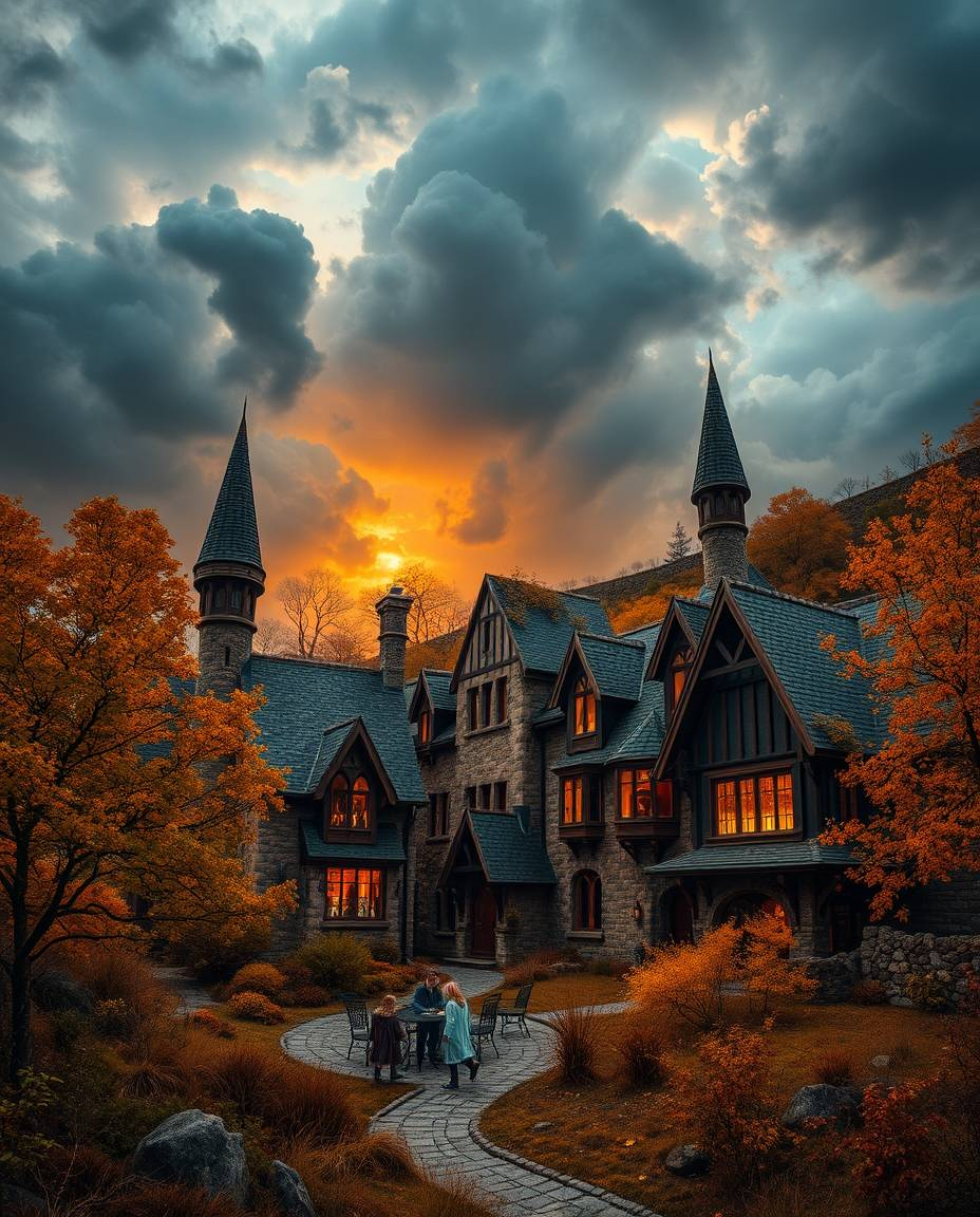 Explore a magical school for young wizards, perfectly situated in a cozy earthy environment beneath dramatic, warm autumn ski