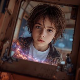 Experience the wonder of childhood imagination in this exquisite high fashion photography.  A young boy with a curious expres