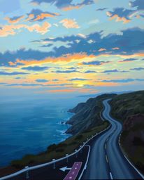 This is a classic oil painting of a sunset sky over a winding coastal highway. The artwork is characterized by its cool color