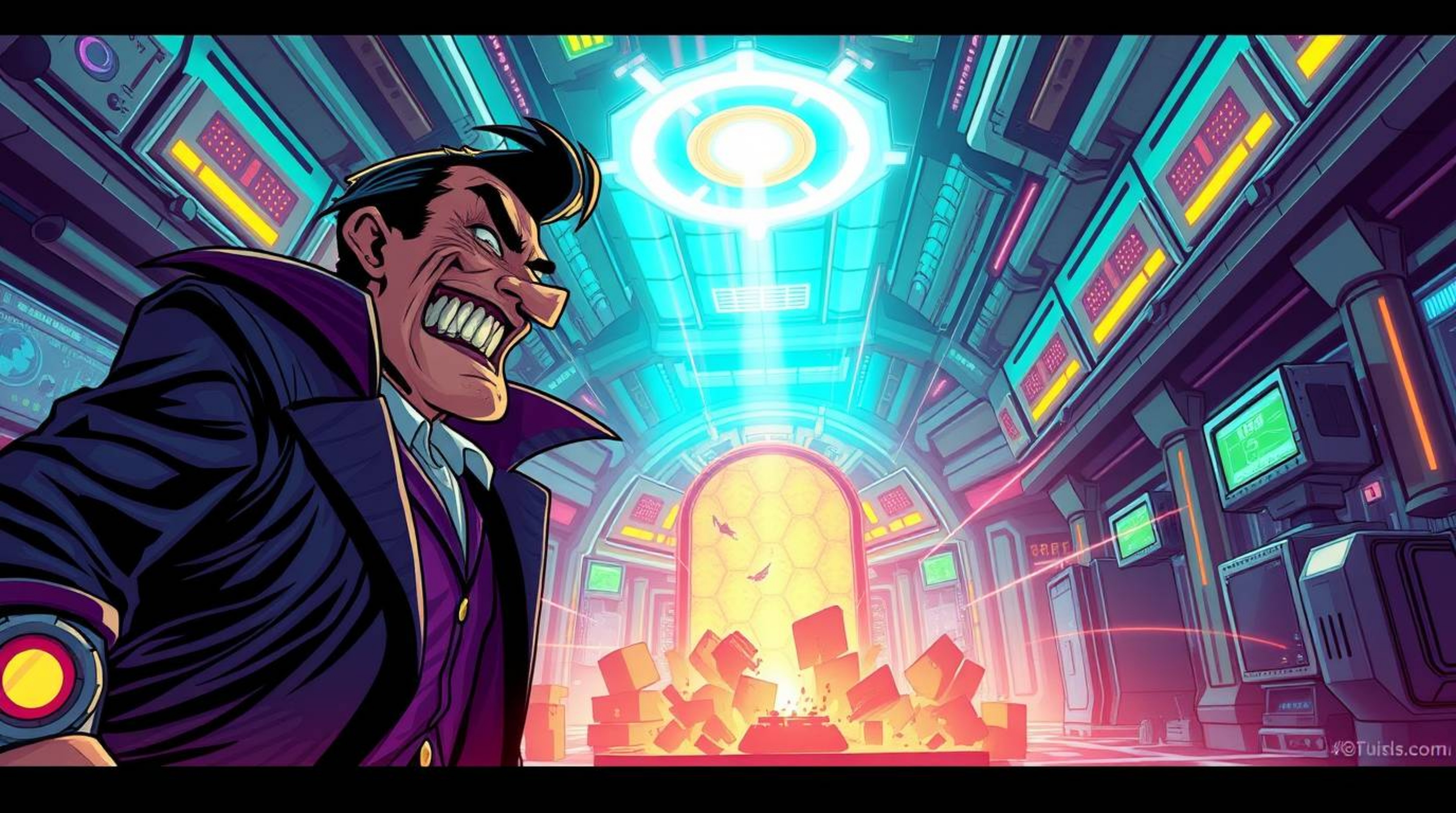 Witness a humorous and chaotic scene in this futuristic sci-fi illustration. A villain, amidst a state of flow, is having a f