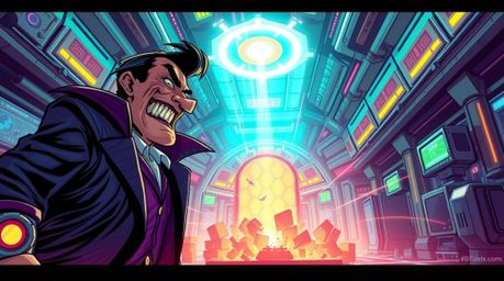 Witness a humorous and chaotic scene in this futuristic sci-fi illustration. A villain, amidst a state of flow, is having a f