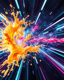 Explore a captivating futuristic sci-fi image featuring dynamic colorful splashes, freeze-frame motion, and advanced technolo