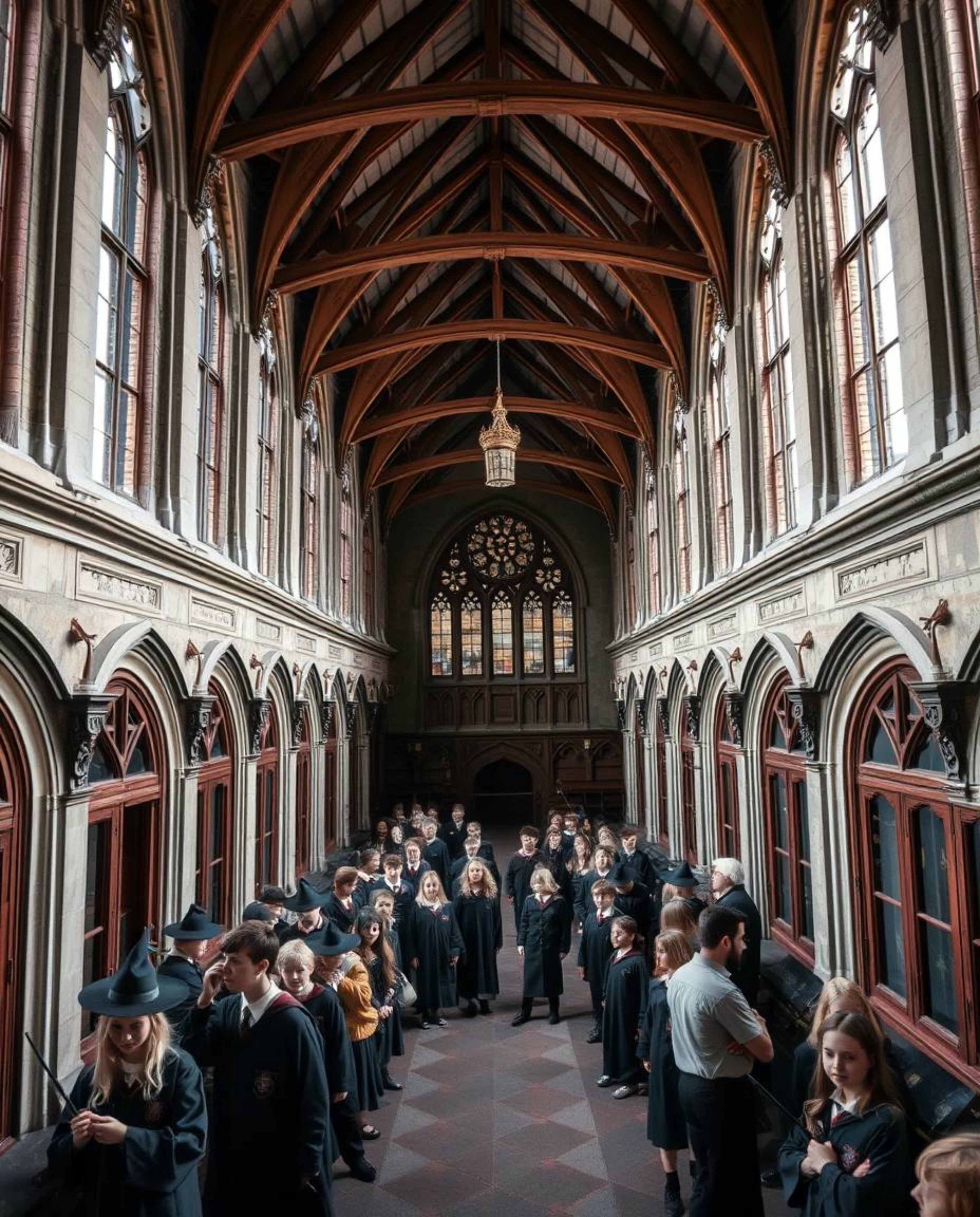 Discover a stunning architectural photograph showcasing a magical school brimming with young wizards. This image captures the