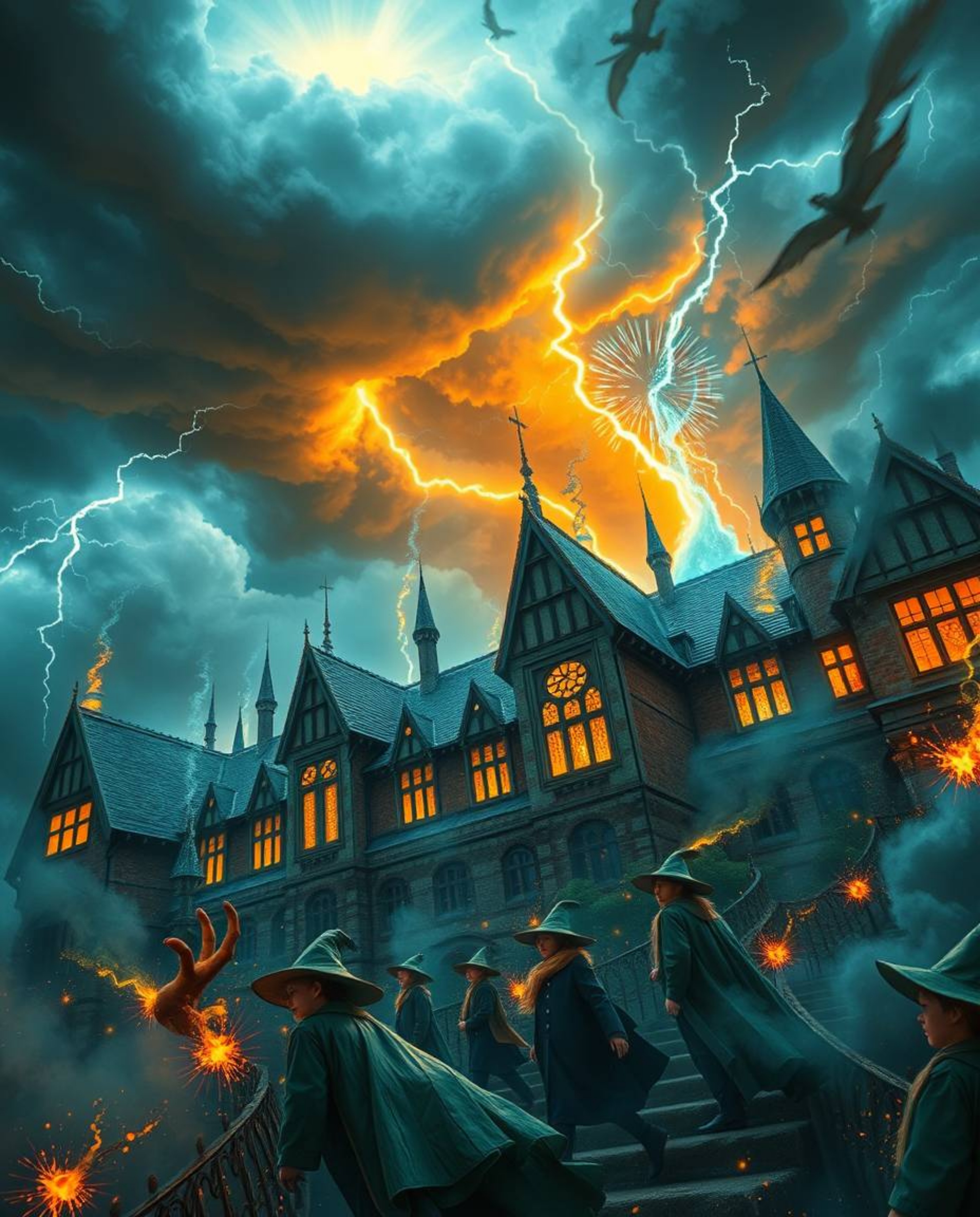 Experience the intense drama of a magical school under stormy skies!  Bright, vibrant colors contrast with the high tension a