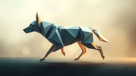 A captivating image depicting a futuristic dog strolling through space, rendered in an intricate origami style.  The artwork 