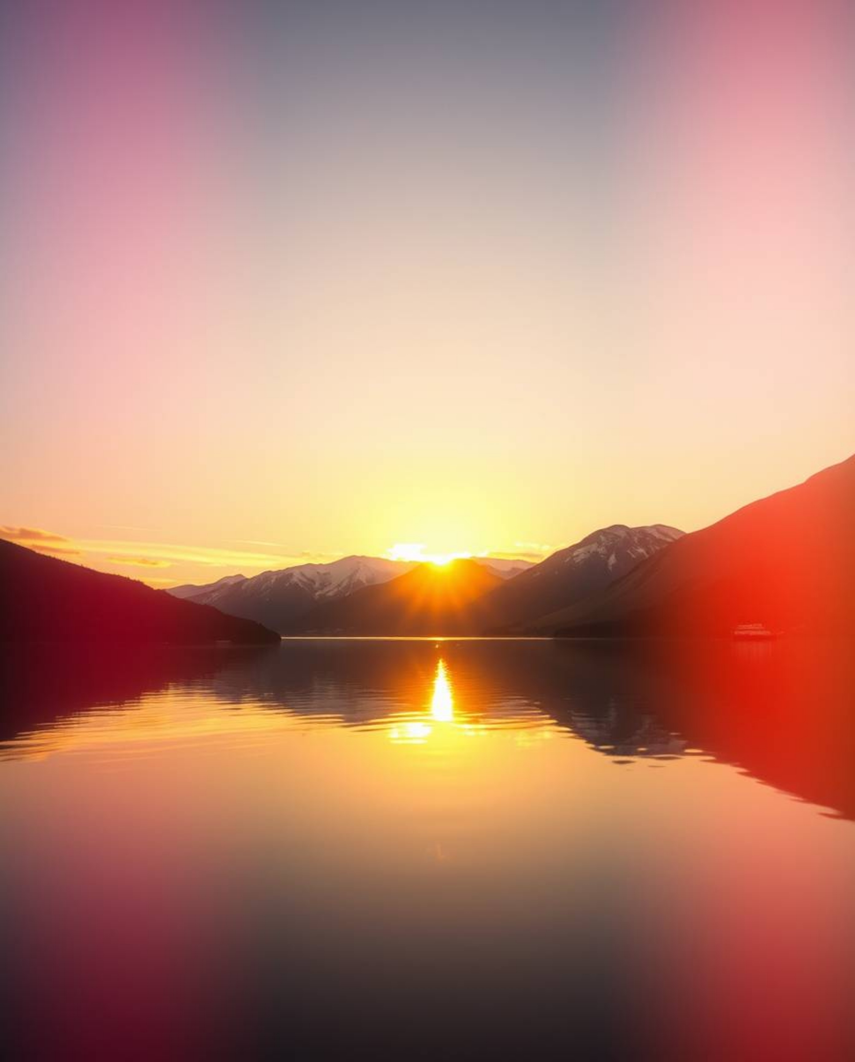 With an ethereal and spiritual vibe, this artwork captures a luxurious sunset reflection in a glassy fjord. A warm golden glo