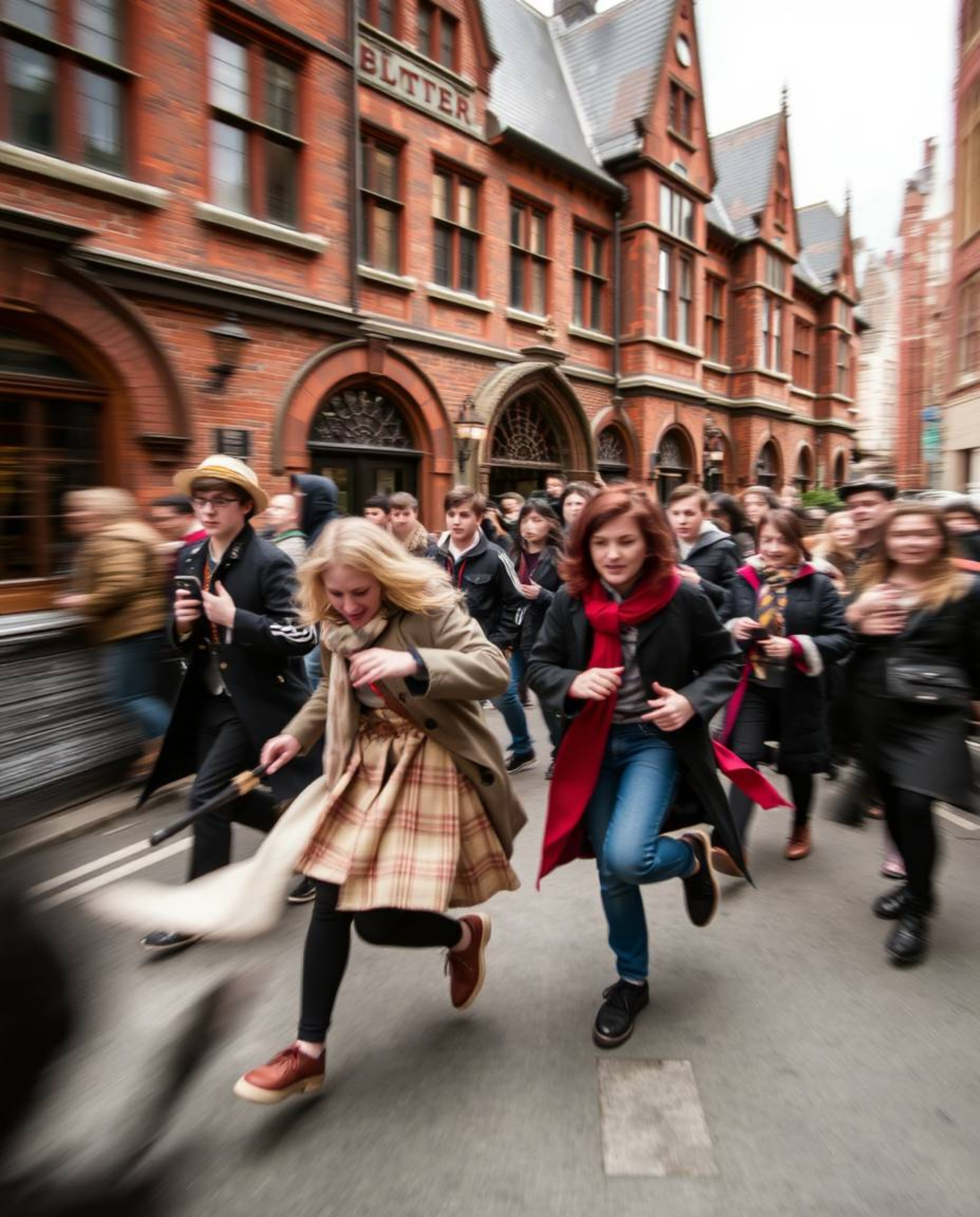 Experience dynamic candid street photography capturing spontaneous moments of young wizards at a magical school.  The urban s