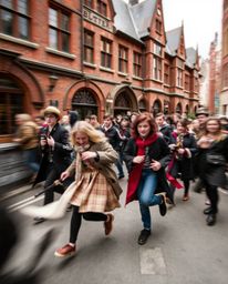 Experience dynamic candid street photography capturing spontaneous moments of young wizards at a magical school.  The urban s